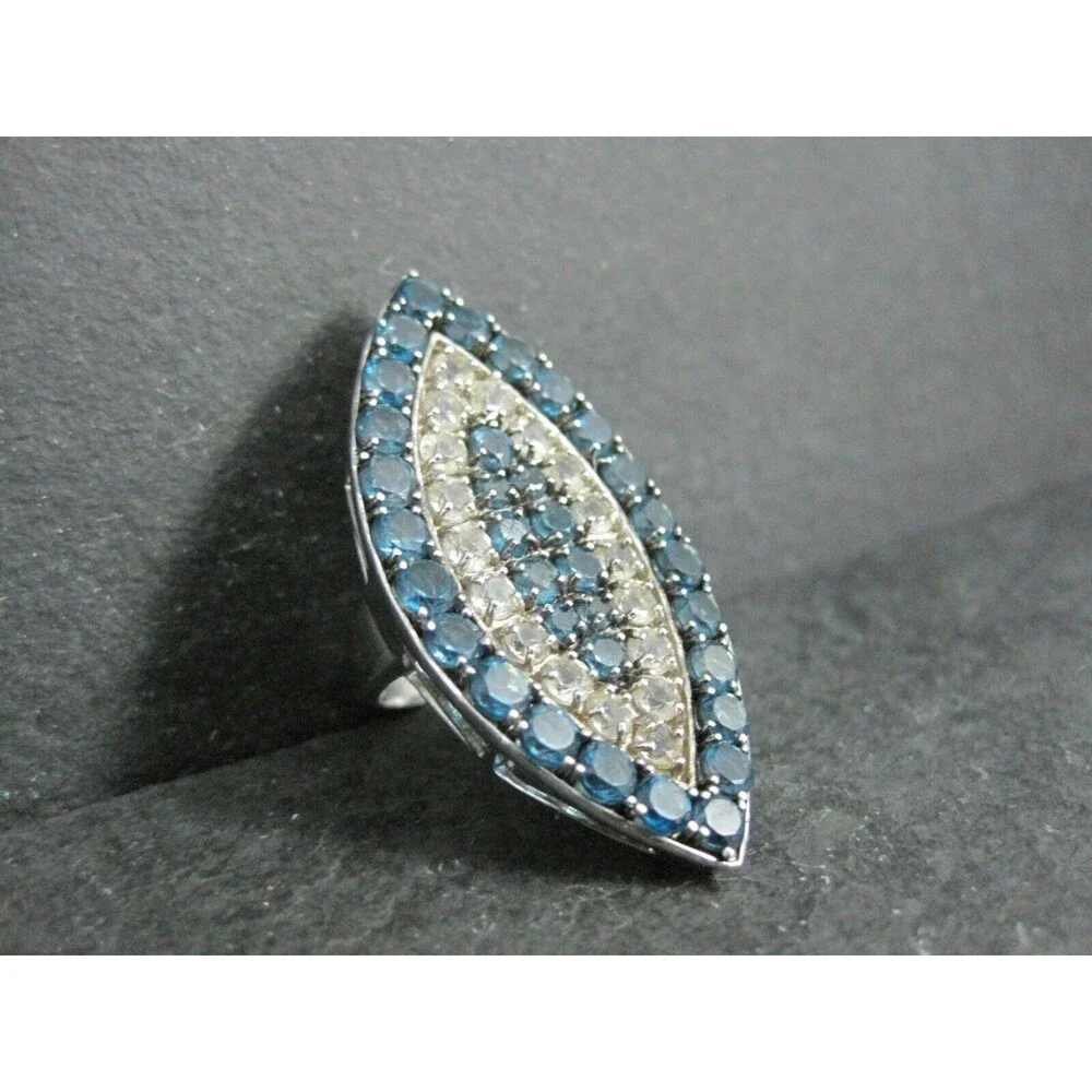 Large Sterling Blue & White Topaz Eye Ring Size 6